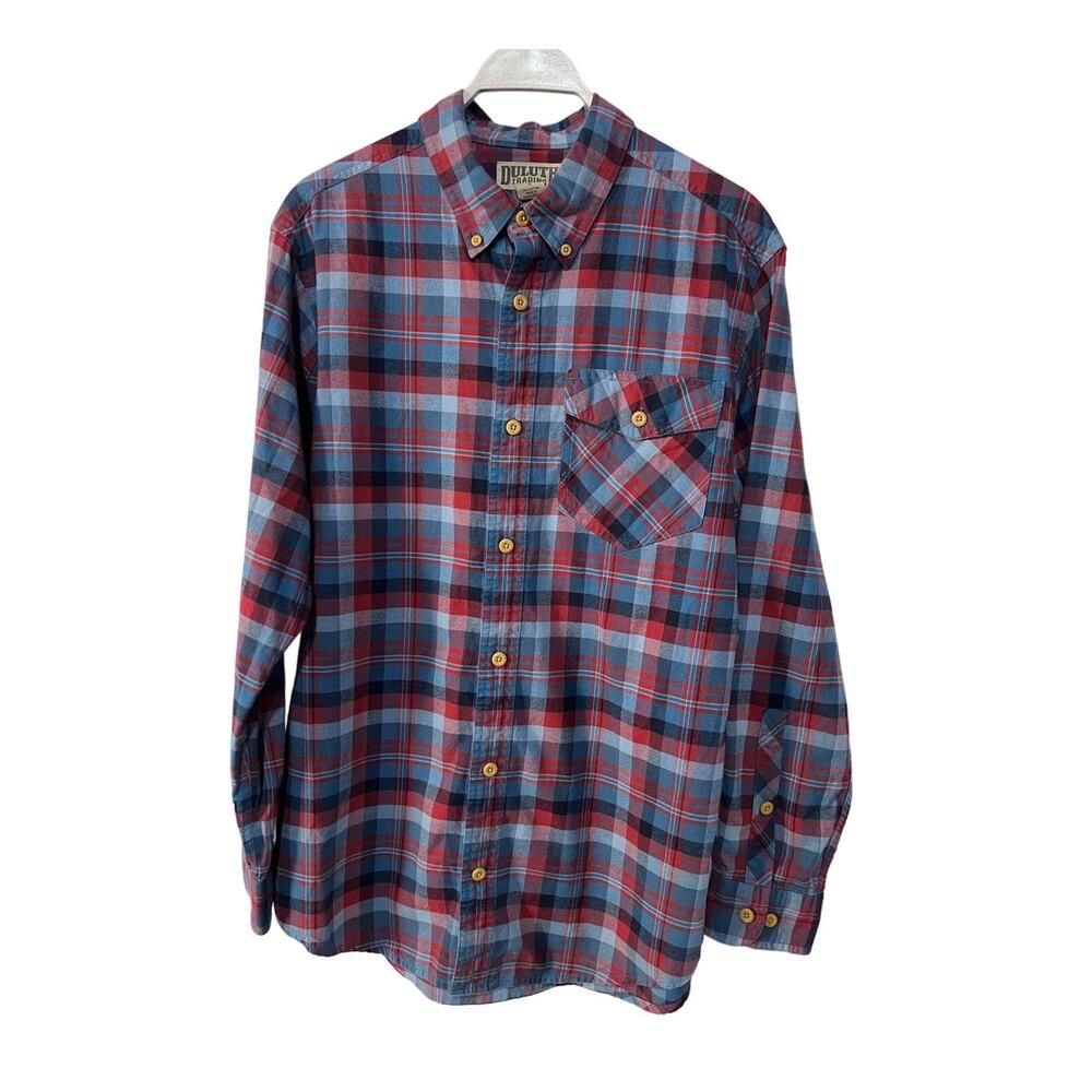Duluth Trading Co Mens Large Free Swingin Flannel Trim Fit Shirt Blue Red Plaid - Picture 1 of 13